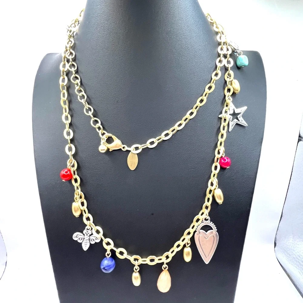 Charm Necklace Bee Heart Star Butterfly Gold Tone with Colorful Beads  Long